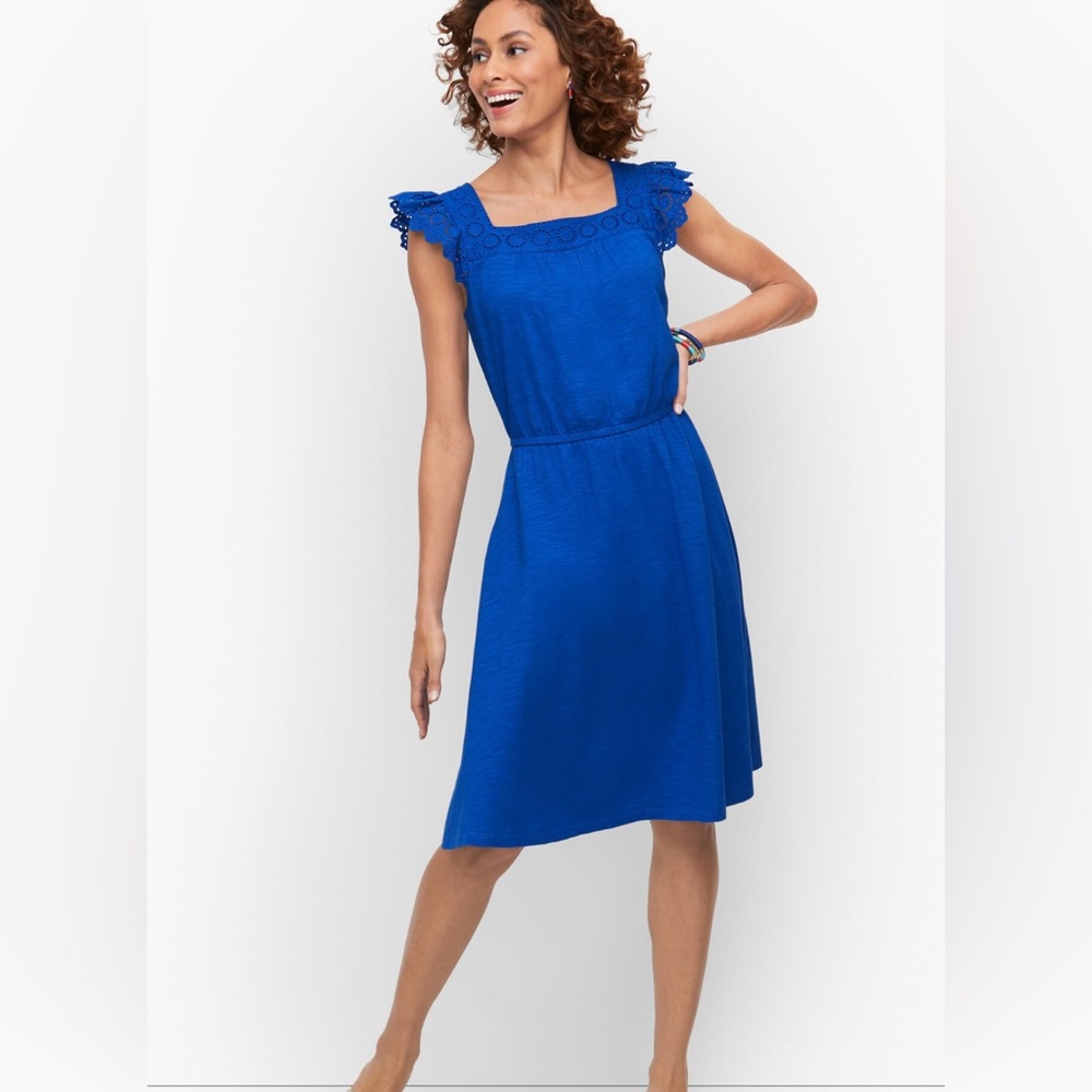 Talbots Blue Midi Dress with Elegant Lace Trim